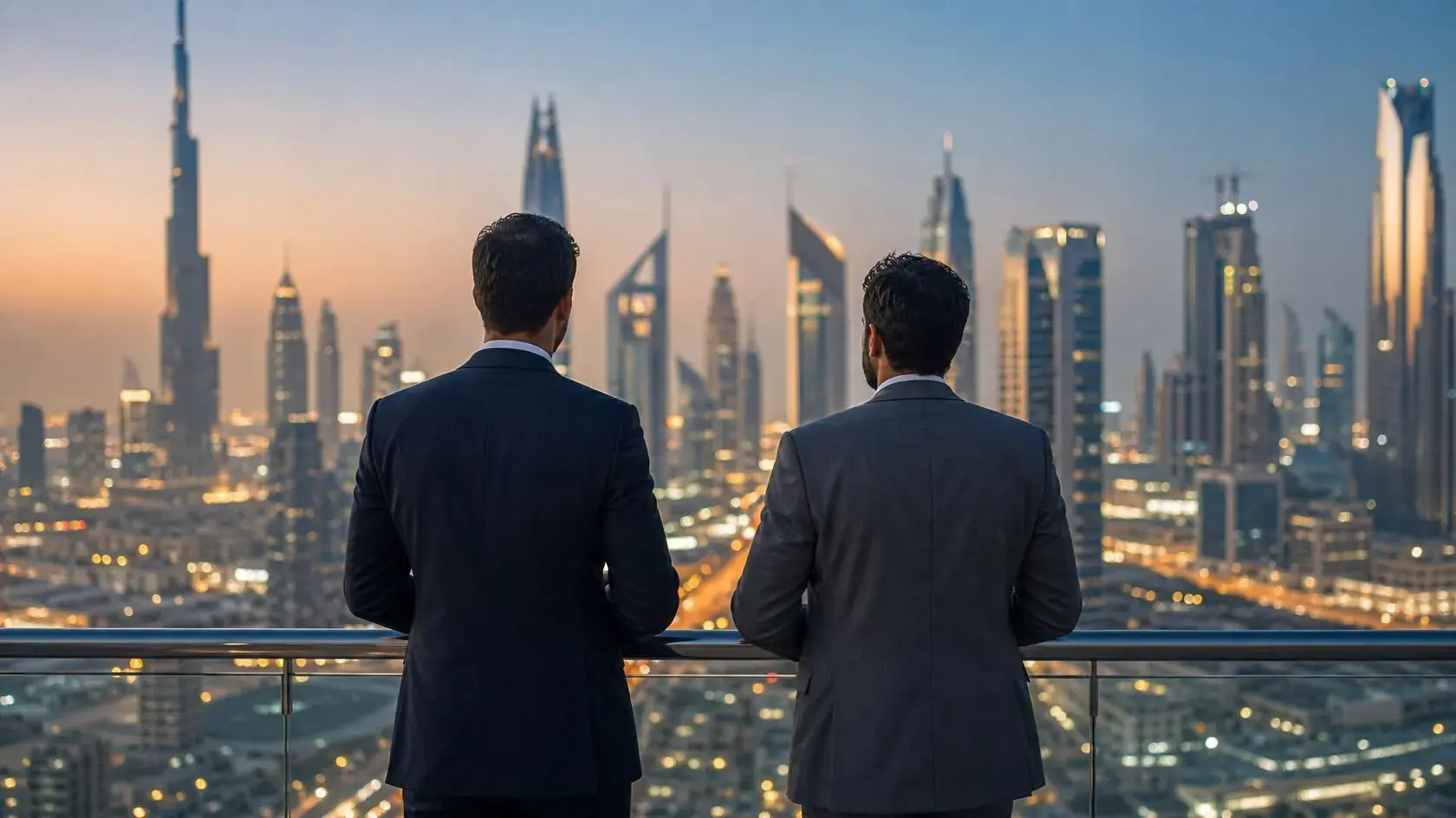 Two business partners overlooking Dubai skyline